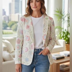 Sigrid Olsen Medium Pink Cream Floral Blazer Jacket Cotton Lightweight Spring